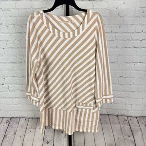 Soft Surroundings Glorieta Top White and Beige Stripe Round Neck Large